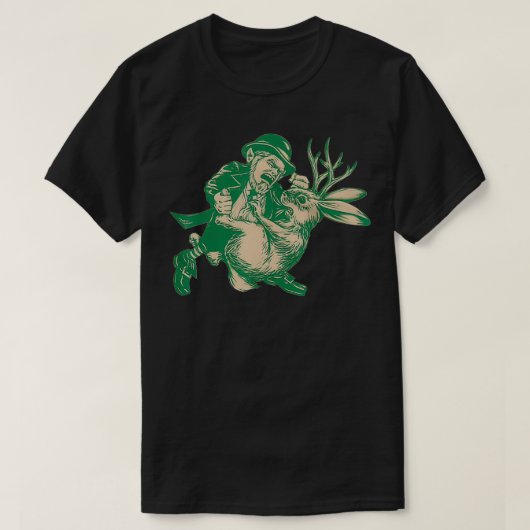 LEPRECHAUN Fighting JACKALOPE Grappig mythologisch T-shirt (Design voorkant)