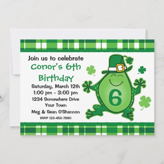 Leprechaun Frog Birthday Party Invitation Kaart (Voorkant)
