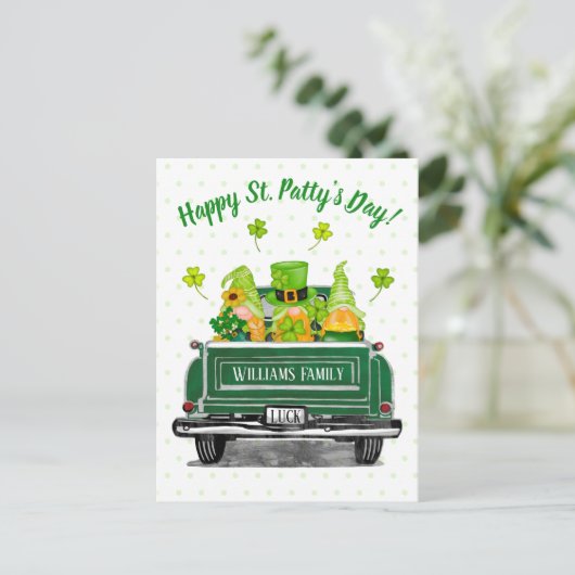 Leprechaun Gnome Green Truck St. Paddy's Briefkaart (Staand voorkant)
