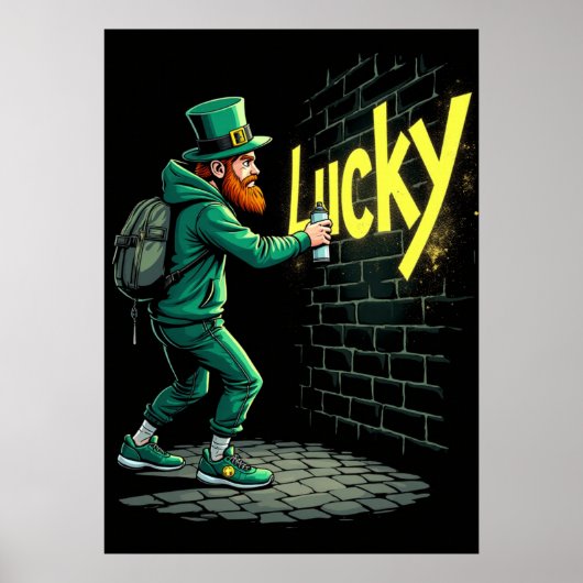 Leprechaun graft een muur met het woord "Lucky" Poster (Voorkant)