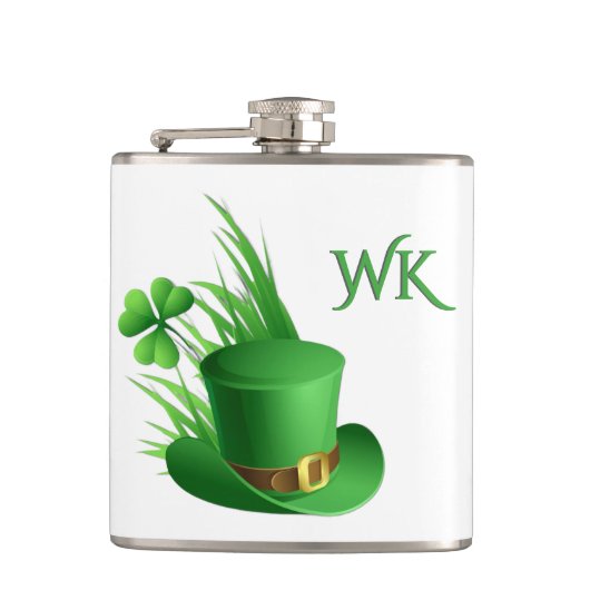  Leprechaun Klover Hoed in Gras Monogram  Heupfles (Voorkant)