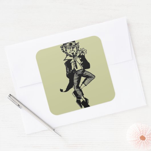Leprechaun met Flute Vierkante Sticker (Envelop)