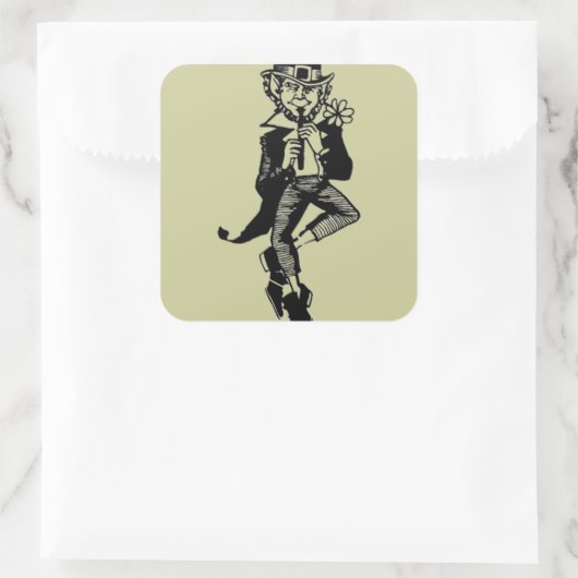 Leprechaun met Flute Vierkante Sticker (Tas)