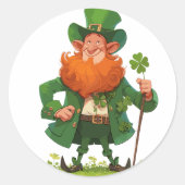 Leprechaun met klavertjepersoneel ronde sticker (Voorkant)