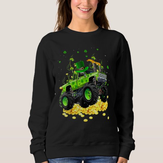 Leprechaun Monster Truck Shamrock St Patrick Day B Trui (Voorkant)