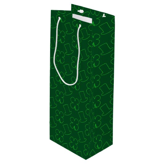 Leprechaun Pet en Clover Pattern Wijn Cadeautas (Voorkant Gekanteld)