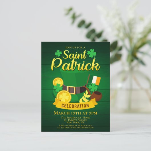 Leprechaun Pet en gouden St. Patrick's Day Uitnodiging Briefkaart (Staand voorkant)