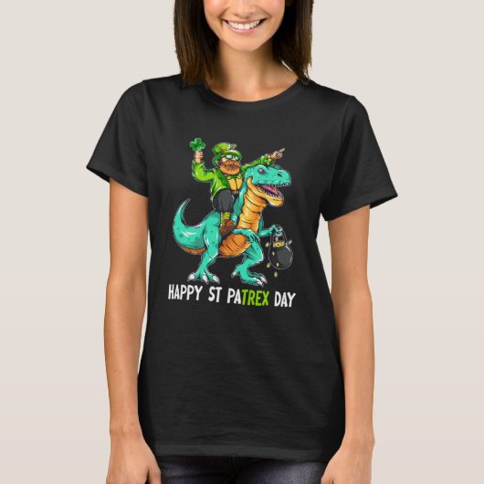 Leprechaun Riding Dinosaurus Rex Happy St Patrick T-shirt (Voorkant)