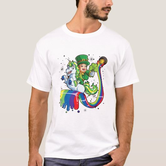 Leprechaun Riding Unicorn Irish Rainbow St Patrick T-shirt (Voorkant)