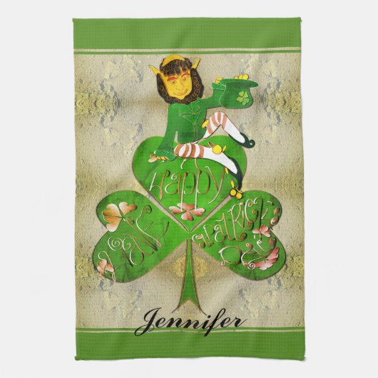 Leprechaun Shamrock "Happy St. Patrick's" Keuken Theedoek (Verticaal)
