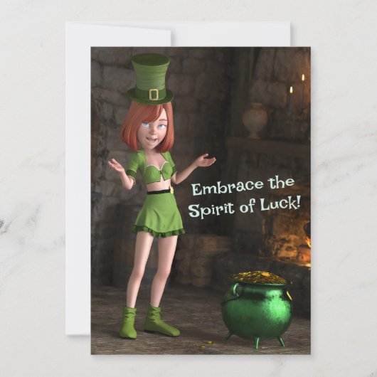 Leprechaun-stripfiguur naast de pot met goud feestdagenkaart (Voorkant)