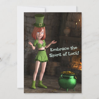 Leprechaun-stripfiguur naast de pot met goud feestdagenkaart