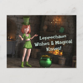 Leprechaun Toon Meisje naast de pot met goud Briefkaart
