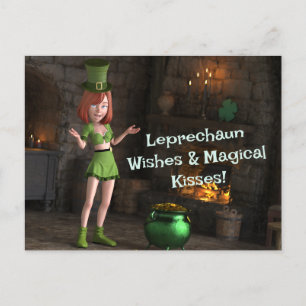 Leprechaun Toon Meisje naast de pot met goud Briefkaart
