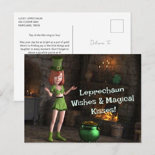 Leprechaun Toon Meisje naast de pot met goud Briefkaart (Voorkant / Achterkant)