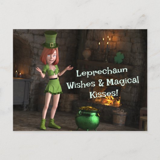 Leprechaun Toon Meisje naast de pot met goud Briefkaart (Voorkant)