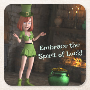 Leprechaun Toon Meisje naast de pot met goud Kartonnen Onderzetters