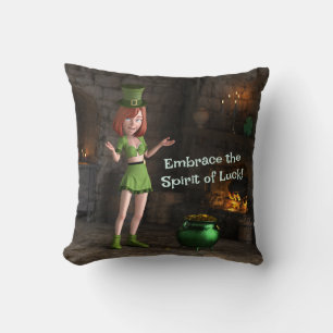 Leprechaun Toon Meisje naast de pot met goud Kussen
