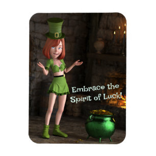 Leprechaun Toon Meisje naast de pot met goud Magneet