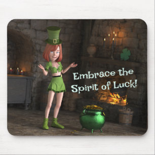 Leprechaun Toon Meisje naast de pot met goud Muismat