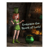 Leprechaun Toon Meisje naast de pot met goud Perfect Poster (Voorkant)