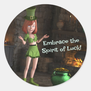 Leprechaun Toon Meisje naast de pot met goud Ronde Sticker
