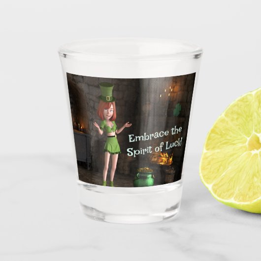 Leprechaun Toon Meisje naast de pot met goud Shot Glas (Voorkant)