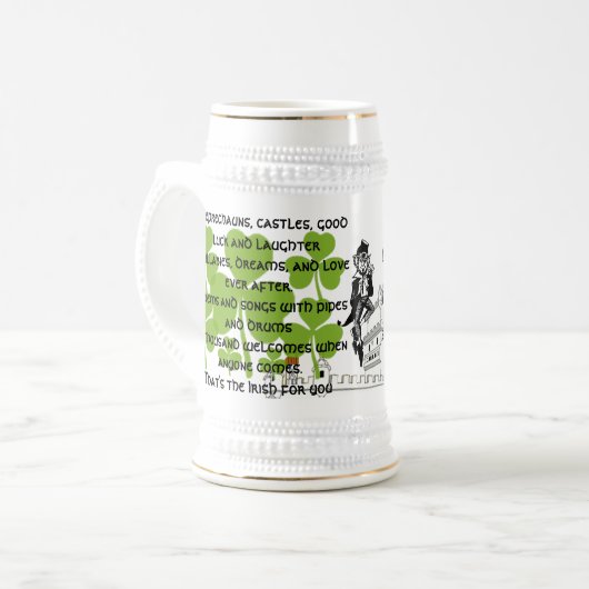 Leprechauns, kastelen, geluk en gelach bierpul (Voorkant links)