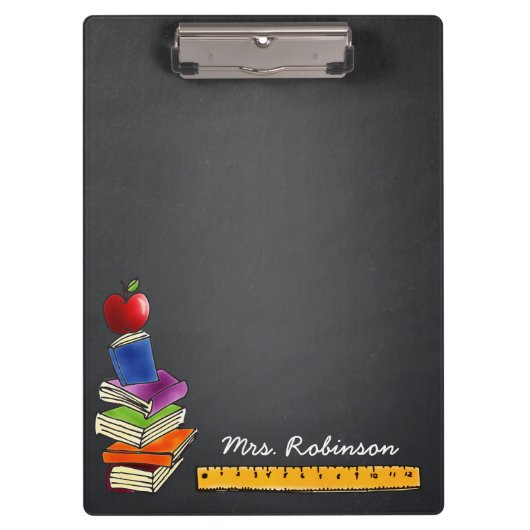 Leraar Apple Book Stack Chalkboard Monogram Naam Klembord (Voorkant)