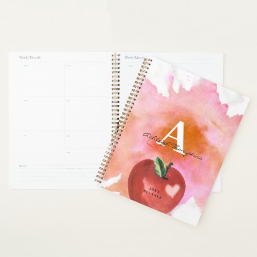 Leraar Apple Heart Monogram Naam Rood Roze Planner (Display)