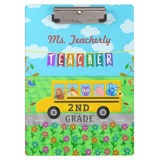 Leraar Bedankt Aangepaste naam | Cute bus Animals Klembord (Voorkant)