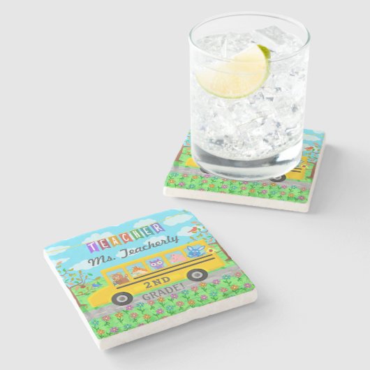 Leraar Bedankt Aangepaste naam | Cute bus Animals Stenen Onderzetter (Zijkant)