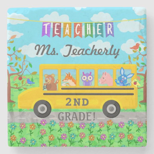 Leraar Bedankt Aangepaste naam | Cute bus Animals Stenen Onderzetter (Voorkant)