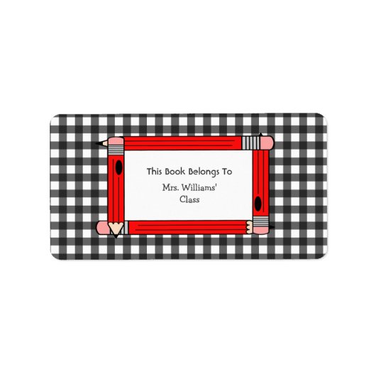 Leraar Bookplate - Grijze Gingham & Rode potloden Etiket (Voorkant)