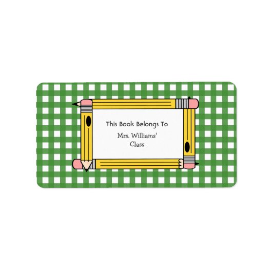 Leraar Bookplate - Groene Gingham & Gele Potloden Etiket (Voorkant)