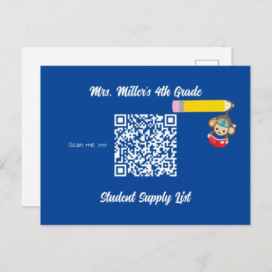 Leraar Classroom Supply List QR Code Monkey Briefkaart (Voorkant / Achterkant)