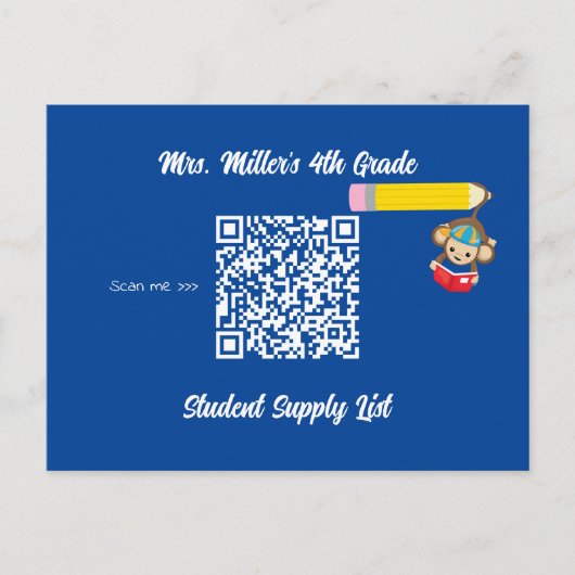 Leraar Classroom Supply List QR Code Monkey Briefkaart (Voorkant)