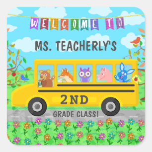 Leraar Classroom Welkom   Leuke dieren op de bus Vierkante Sticker