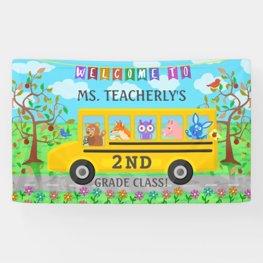 Leraar Classroom Welkomstbord Dieren in bus Spandoek (Horizontaal)
