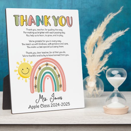 Leraar Dank u Regenboog Gedicht Eind van het Jaar Fotoplaat (Zijkant)