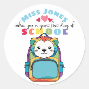 leraar eerste dag, klas welkom schattige leeuw ronde sticker