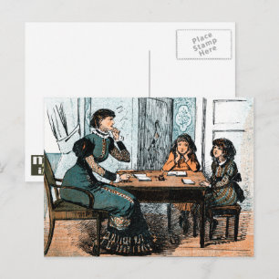 Leraar en studenten.  Briefkaarten
