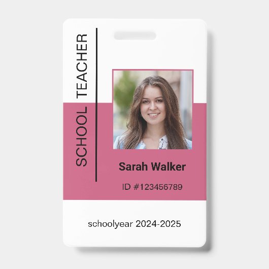 Leraar foto ID van een medewerker of student roze Badge (Voorzijde)