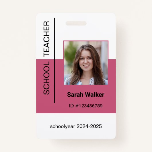 Leraar foto ID van een medewerker of student roze Badge (Voorkant)