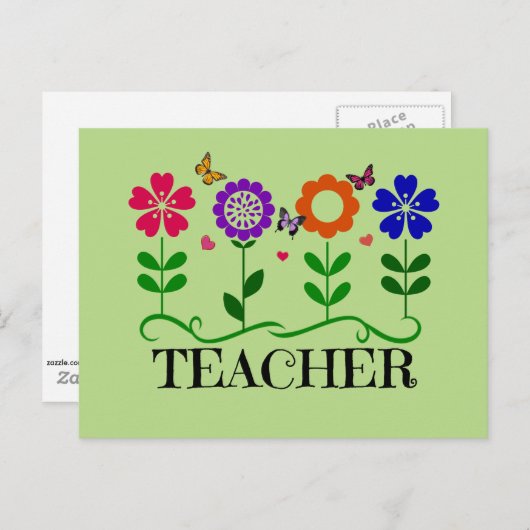 Leraar, harten en bloemen en mooie vlinders briefkaart (Voorkant / Achterkant)