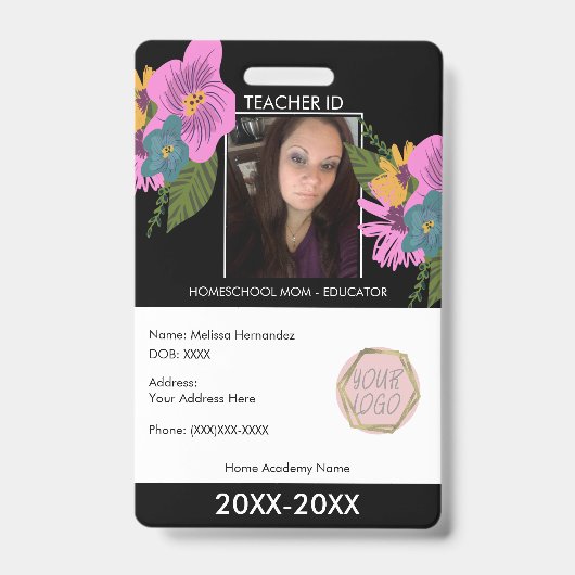 Leraar Homeschoing School Mam ID Floral Badge (Voorzijde)
