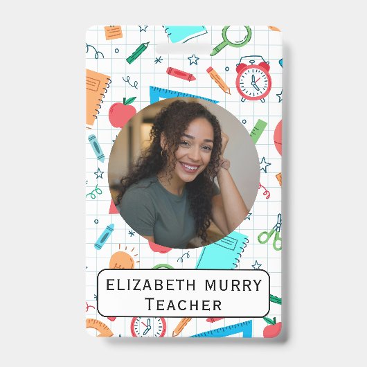 Leraar ID Badge met School Supplies Achtergrond (Voorzijde)
