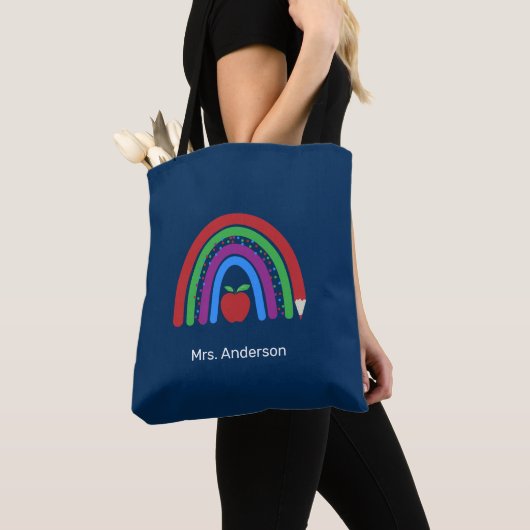 Leraar kleurrijke regenboog donkerblauw tote bag (Dichtbij)