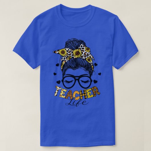 Leraar Life Messy Bun Glasses Leopard Sunflower M T-shirt (Design voorkant)
