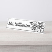 Leraar Monogram Black White Chic Flower Bureau Naambordje (Voorkant)